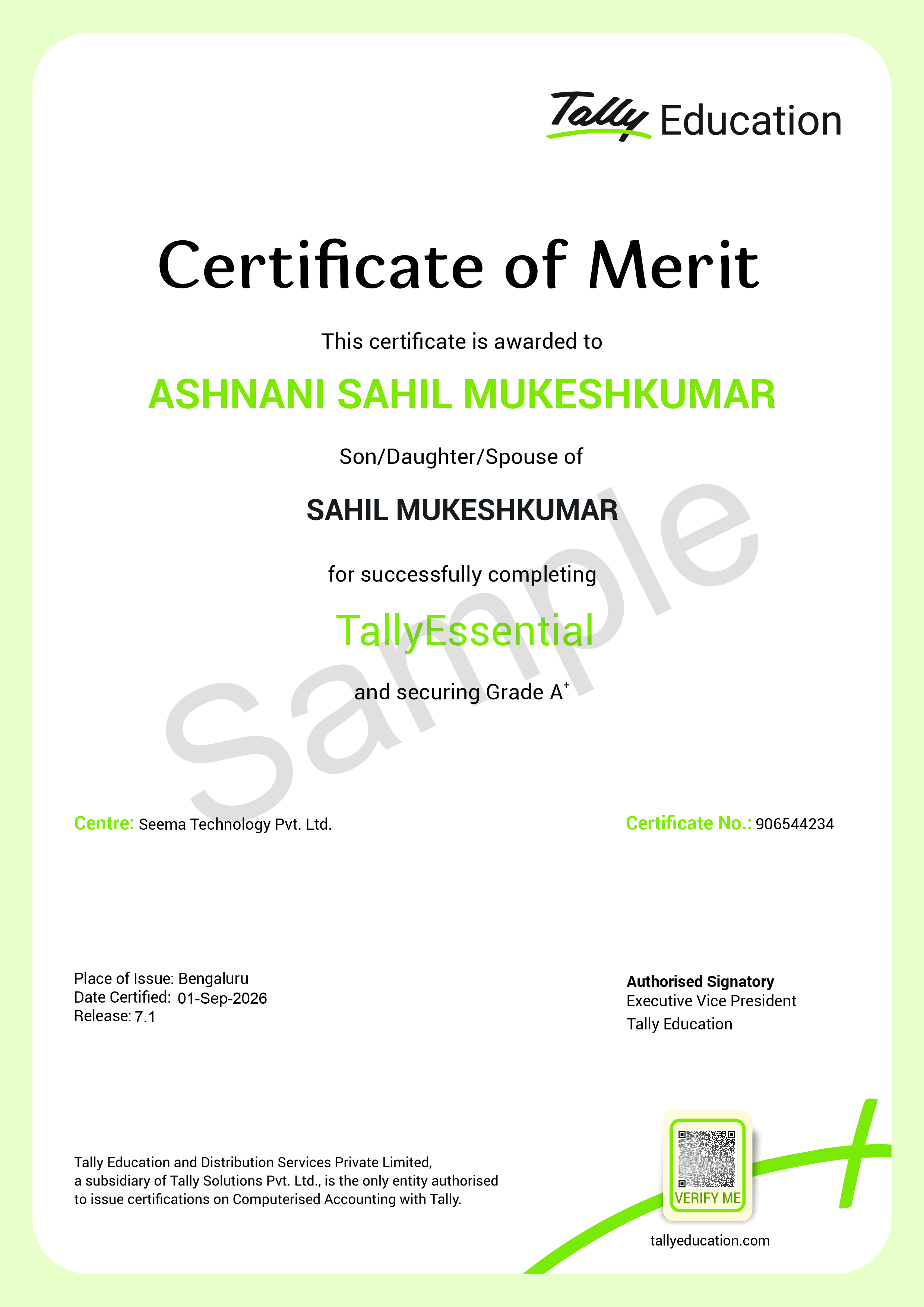 Tally Certificate