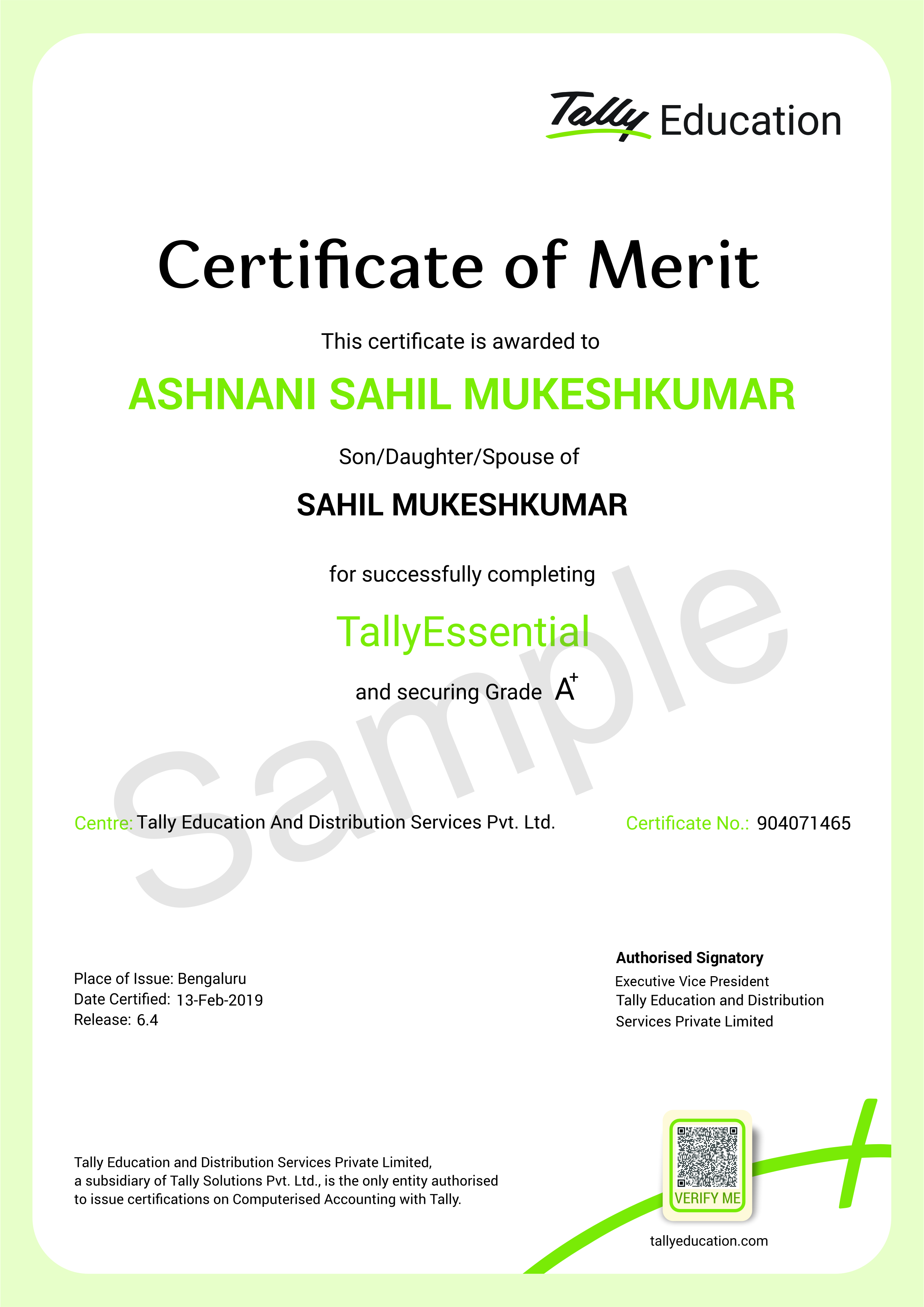 Tally Certificate